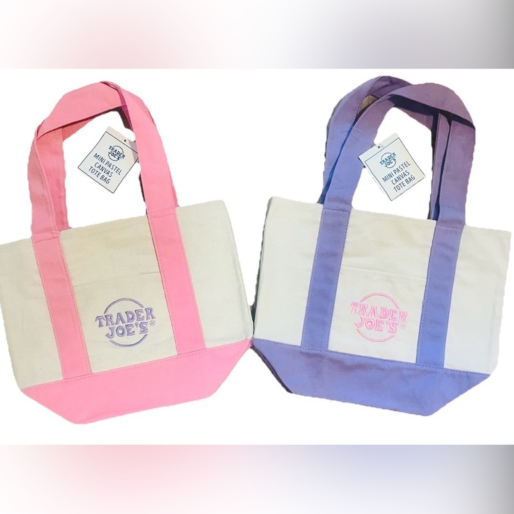 Trader Joe’s Mini Pastel Canvas Tote Bag Set Of 2 Easter Spring ~ Pink/Purple 🩷💜 - Picture 1 of 6